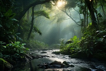 Morning rainforest. Mesmerizing natural scenery. Generative AI