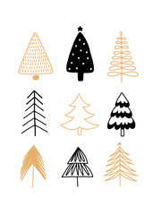 Hand drawn set of Christmas trees. New Year line art and silhouette illustration. Abstract doodle black and gold drawing woods. Merry Christmas vector