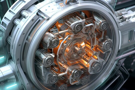 Futuristic engine dissection showing turbine gear and rechargeable battery system, powered by clean energy in digital art design. Generative AI