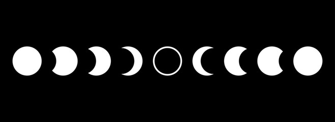 Full moon eclipse concept illustration. Set of moon phases or stages. Total sun eclipse and lunar cycle. Black and white vector elements collection for poster, banner, collage, brochure, leaflet  - obrazy, fototapety, plakaty