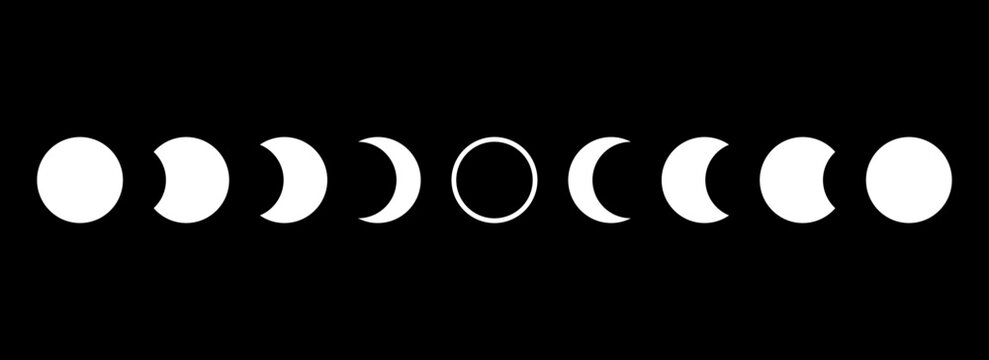 Full moon eclipse concept illustration. Set of moon phases or stages. Total sun eclipse and lunar cycle. Black and white vector elements collection for poster, banner, collage, brochure, leaflet 