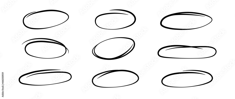 Poster smooth highlight circles set. doodle and scribble ellipses collection. black hand drawn ovals or bub