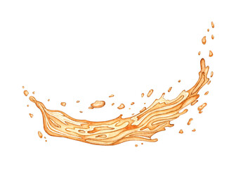 Watercolor illustration of a splash of golden liquid similar to beer, juice, oil. Isolated on a white background. Harvest festival, Oktoberfest beer festival. Compositions for posters, cards, banners,