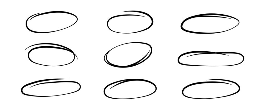 Smooth highlight circles set. Doodle and scribble ellipses collection. Black hand drawn ovals or bubbles for emphasis. Sketchy round elements for collage, poster, banner, cover. Vector pack
