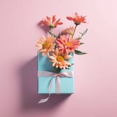 Abstract background with colorful spring flowers coming and giftbox on pastel pink background.	