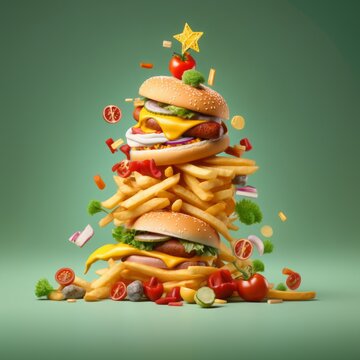 Creative food concept of a christmas tree made of hot dogs, burgers and fries on pastel background.	