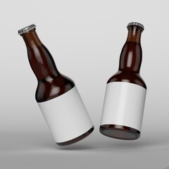 Mockup de cerveza artesanal, botellas flotando en fondo blanco