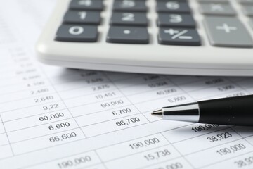 Calculator and pen on document with financial calculations, closeup
