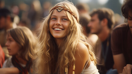 Fototapeta premium young beautiful hippie woman with long curls and hair band smiling, beads, girl portrait, fashion, style, sunlight, world peace, joyful emotions, facial expression, happiness, music festival