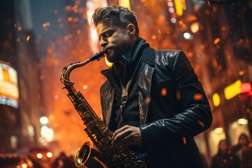 Brown-haired jazz musician playing a saxophone under city lights.