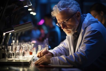 Chemist analyzing reactions in a high-tech lab