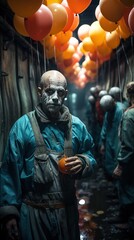A clown walking next to a scene of zombies UHD wallpaper Stock Photographic Image