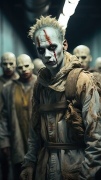 A clown walking next to a scene of  zombies UHD wallpaper Stock Photographic Image