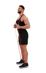 Young man exercising with elastic resistance band on white background
