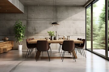 Interior dining room with a concrete floor. Generative AI