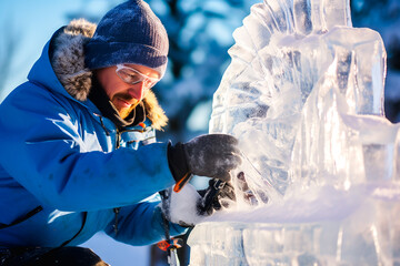 An ice sculptor carving an ice sculpture - obrazy, fototapety, plakaty
