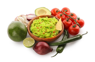 Delicious guacamole with nachos chips and ingredients isolated on white