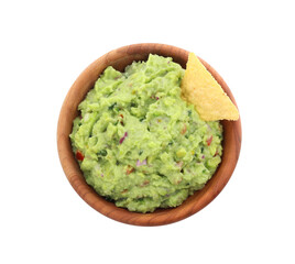 Bowl of delicious guacamole with nachos chips isolated on white, top view