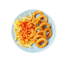 Tasty fried onion rings and french fries with ketchup isolated on white, top view