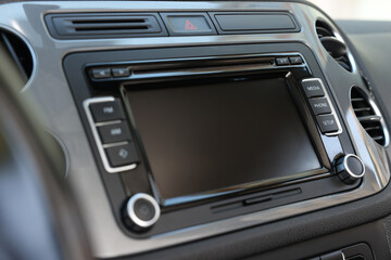 Obraz na płótnie Canvas Closeup view of dashboard with vehicle audio in car