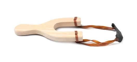 One wooden slingshot with leather pouch isolated on white