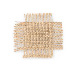 Piece of burlap fabric isolated on white, top view