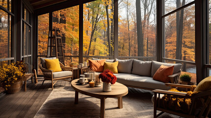 Screened porch with modern furniture, vase of flowers, autumn leaves and woods in the background, creating a cozy atmosphere. - obrazy, fototapety, plakaty