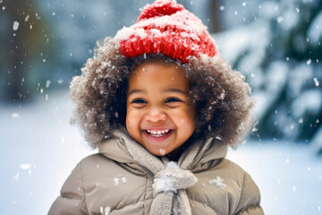 Young African American toddler laughing and standing outside in the snow catching snowflakes in hands, wearing gloves. Winter snowing cold happy holidays with white Christmas