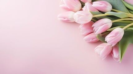 A bouquet of pink tulips on a colored table background