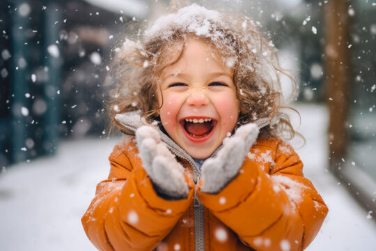 Young caucasian girl laughing and standing outside in the snow catching snowflakes in hands, wearing gloves. Winter snowing cold happy holidays with white Christmas
