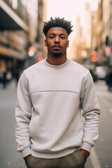 Fototapeta premium A handsome man standing outdoors in a city, modelling a plain white sweatshirt ready for a design. Generative AI. 