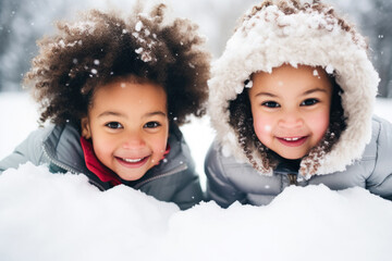 Two black african american mixed race girls children playing in the snow, snowballs and snow fight, winter - obrazy, fototapety, plakaty
