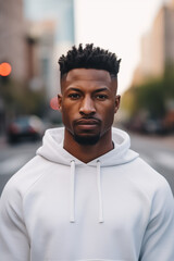 Obraz premium A handsome man standing outdoors in a city, modelling a plain white hooded sweatshirt ready for a design. Generative AI. 