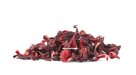 Pile of dry hibiscus tea isolated on white