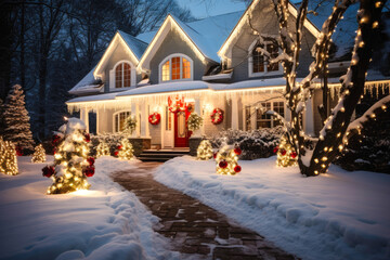 A house exterior with Christmas decorations in the snow, at night