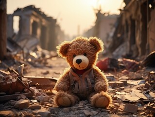 A brown children toy teddy bear sits on the ruins of a building with blurred destroyed building background. can be use for news, illustration, presentation, wallpaper, motivation