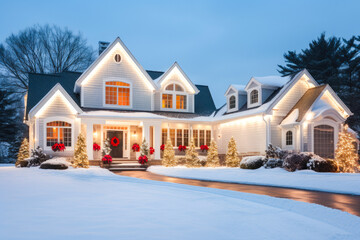 A house exterior with Christmas decorations in the snow, at night - obrazy, fototapety, plakaty