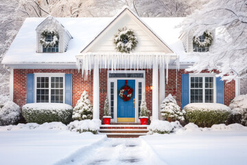 A house exterior (front door) with Christmas decorations in the snow, at daytime
