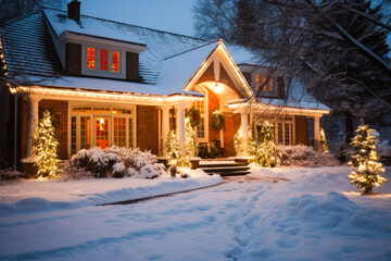 A house exterior with Christmas decorations in the snow, at night