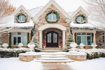 A house exterior (front door) with Christmas decorations in the snow, at daytime