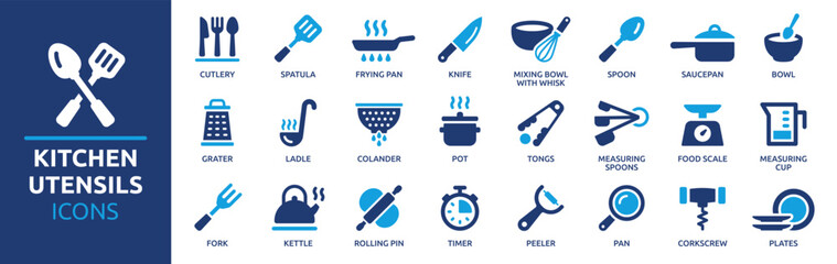 Kitchen utensils icon set. Containing cutlery, spatula, frying pan, knife, spoon, fork, saucepan, bowl, plate, ladle, grater measuring spoons and more. Vector solid icons collection.
