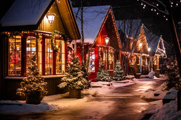 Fototapeta premium Store exterior Christmas decorations in the snow at night or evening