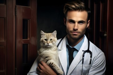 a male veterinarian with cat