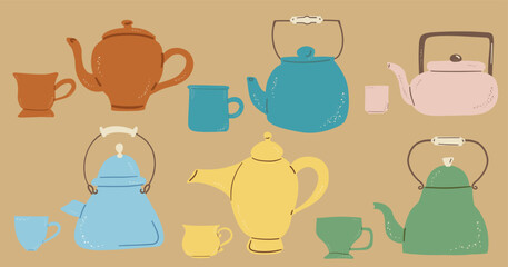Teacup and Teapot collection. Hand drawn cartoon vintage kitchen tools set. Retro coffee, tea pot and cup, kettle ceramic. Householding elements. Cozy cute hygge vector illustration isolated on beige