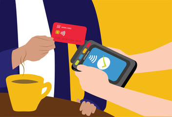 Person Making a Cashless, Contactless Payment in Public Café Restaurant