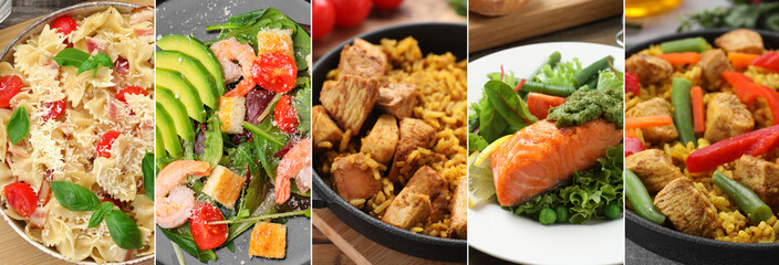 Assortment of tasty dishes. Collage with different meals, closeup