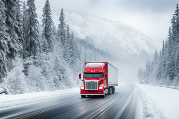 Semi truck moving on the winding winter road with wet surface and snow