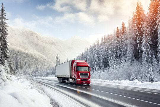Semi truck moving on the winding winter road with wet surface and snow