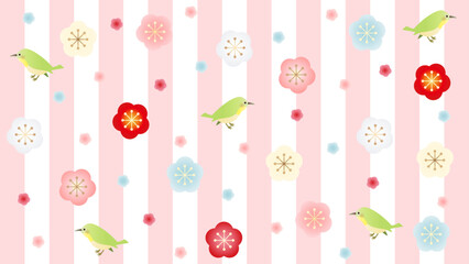 梅と鳥とストライプのレトロで可愛い壁紙　アスペクト比16：9バージョン