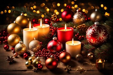 Fototapeta na wymiar Candlelit Christmas Decorations and Ornaments